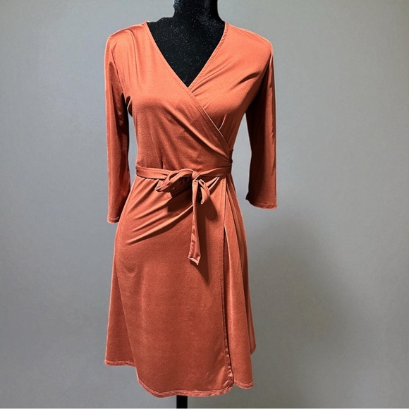 LuLaRoe Dresses & Skirts - LuLaRoe Rust Brown Midi Wrap Dress Women XXS Casual 3/4 Sleeve Stretchy Slinky